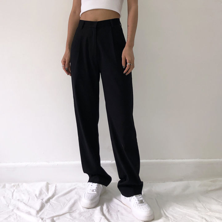 20212021 Fashion Straight Suit Women Pants High Waist Casual Office Lady Pants Full Length Wide Leg Loose Female Black Mom Trousers