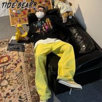 TIDE BEAR กางเกงยีนส์ผู้ชายกางเกงยีนส์ผู้ชายสีชมพูตรงขาตรงทรงหลวมสีโดพามีนแนวสตรีทสีกางเกงสำหรับสวมใส่