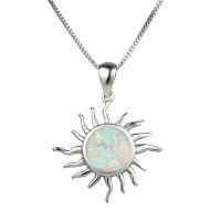 White Blue Opal Sun Pendant Necklaces for Women Wedding Jewelry Vintage Fashion 925 Sterling Silver Round Birthstone Necklace