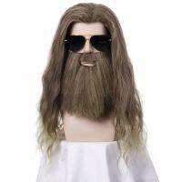 【jw】✕✘ Wig for Men and Beard Wavy Synthetic Mixed Color Costume