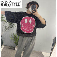 RYRYSTYLE เสื้อยืดแขน3/4,ใหม่เสื้อยืดเลื่อมสำหรับการร้อยลายการ์ตูนหน้ายิ้มประสิทธิภาพบนเวที