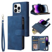 Luxury Flip Zipper Leather Wallet Case for iPhone 14 13 12 11 Pro Max Plus XS Max XR X Card Holder Wrist Strap Protective Cover