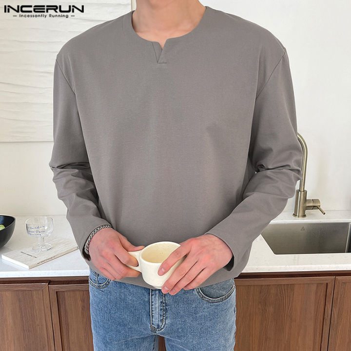 incerun-เสื้อยืดคอวีคอวีสำหรับผู้ชาย-เสื้อยืดลำลองแบบสวมหัวแขนยาวเสื้อยืดธรรมดาเรียบ