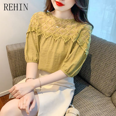REHIN เสื้อเบลาส์แขนสั้นสำหรับผู้หญิง,เสื้อเบลาส์ทรงหลวมอเนกประสงค์ฉบับภาษาเกาหลีแฟชั่นใหม่ฤดูร้อน