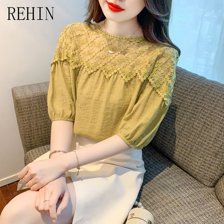 rehin-เสื้อเบลาส์แขนสั้นสำหรับผู้หญิง-เสื้อเบลาส์ทรงหลวมอเนกประสงค์ฉบับภาษาเกาหลีแฟชั่นใหม่ฤดูร้อน