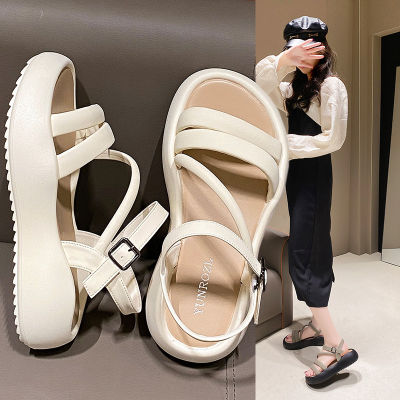 Kslm รองเท้าแตะผู้หญิงสไตล์นางฟ้า,2023ฤดูร้อนพื้นรองเท้าหนาสไตล์ฝรั่งเศสโรมันเปิดนิ้วแฟชั่นเทรนด์รองเท้าผู้หญิง