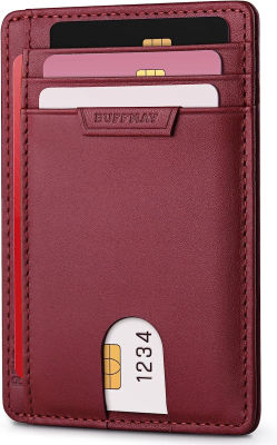 Buffway Slim Wallet for Men or Women Minimalist Small Leather Front Pocket Wallets with RFID Blocking and Gifts Box - Bassa Mars Red