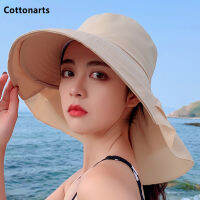 【CW】Summer Cool Sun Hat For Women Lightweight tail Visor Hats Wide Brim Anti-UV Drawstring Beach Hat Traverl หมวกถังพับได้