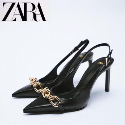 Spring new womens shoes stiletto pointed toe slingback sandals chain decoration fashion high heels Black and white high heels sandals