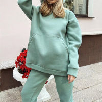 Casual Fleece Two Piece Set 2021 Winter Women Solid Tracksuit Oversized Hooded Long Sleeve Hoodie And Sport Pants Lady Suits