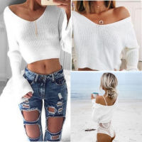 【CW】Women S Sweater Autumn V-Neck Long Sleeve Knit Crop Top Off Shoulder Jumper Solid Short Sweaters Pullover Tshirt Streetwear