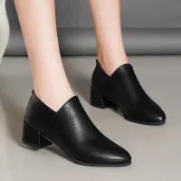 สตรีข้อเท้ารองเท้าฤดูใบไม้ร่วงและฤดูหนาวใหม่ส้นหนาหนังพียูเดี่ยวรองเท้า Mid Heel ชี้รองเท้าผู้หญิงอเนกประสงค์รองเท้าสำหรับทำงานผู้หญิง Sepatu BOOT Pendek 34-42