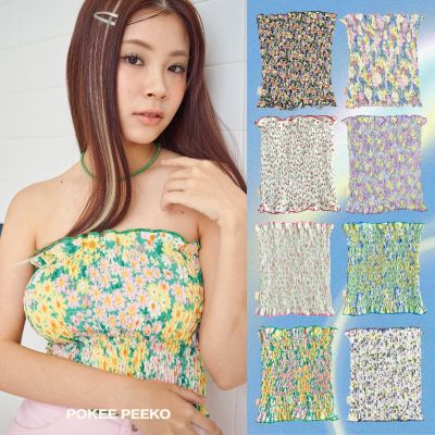 POKEE RUFFLE TOP เสื้อเกาะอกสม็อค ลายดอกไม้🖍️⭐️💐🌷