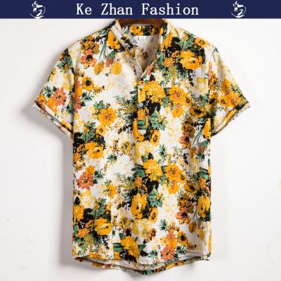 Ke Zhan เสื้อคาร์ดิแกนผู้ชายสายไอพีฤดูร้อนเสื้อ Lape Flora พิมพ์ลายเสื้อเสื้อยืด Casua หลวม