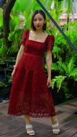 SP208 : Burgundy Lace Midi Dress มิดิเดรสลูกไม้เบอร์กันดี