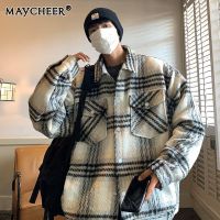 MAYCHEER   เสื้อเชอร์ปาสำหรับทั้งหญิงและชายยาวปานกลางบุเสื้อแจ็กเก็ตแบบมีปกแจ็คเก็ตลายสก๊อตอบอุ่น