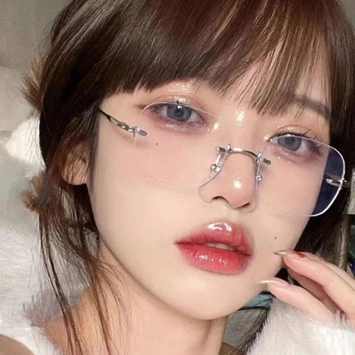เกาหลี-anti-blue-light-square-แว่นตาสำหรับผู้หญิง-rimless-แว่นตา-blush-eyewear