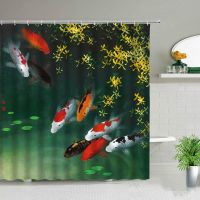 Chinese Style Koi Fish Print Shower Curtain Bathroom Screen Waterproof Fabric Background Wall Decor Cloth Hanging Cu