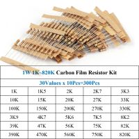 300Pcs 1W 1K~820K Carbon Film Resistor Assorted Kit 30Values x 10Pcs=300Pcs Sample Kit Color Ring Resistance