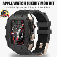 ชุด Mod สำหรับ Apple Watch Series 8 7 45มม. 44มม. เคสสแตนเลส + ฟิล์มนิรภัยสาย Fluororubber สำหรับ I Watch 8 7 6 5 4 SE อุปกรณ์เสริมการปรับเปลี่ยนนาฬิกา (ไม่รวมนาฬิกา)