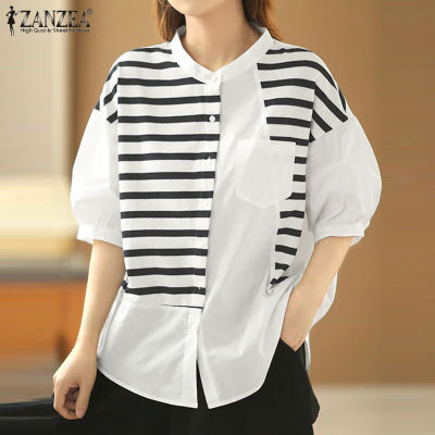 (สินค้ามาใหม่)(จัดส่งฟรี)Fancystyle ZANZEA เสื้อเย็บลายทางสไตล์เกาหลีของผู้หญิงเสื้อพัฟแขน3/4เสื้อคอวีเสื้อหลวมลำลอง #10