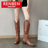 RENBEN บูทผู้หญิงสไตล์ฝรั่งเศส,บูทสีน้ำตาลเพรียวบางสไตล์รองเท้าบูทอัศวิน