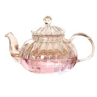 กาน้ำชาดอกไม้ทรงฟักทองลาย600มล. หม้อแก้วทนความร้อนได้กาน้ำชาดอกไม้ถ้วยชาพร้อมที่กรองใบชาสมุนไพร