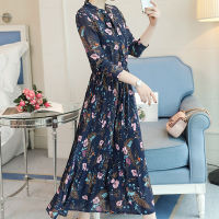 2021 Print A-Line Bow Empire Chiffon Dress Autumn Ladies Elegant Dress Fashion Women Dresses Bow Long Sleeve Dress Robe 3669 50