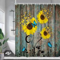 Butterfly Sunflower Shower Curtains Rustic Farm Wooden Board Flowers Bath Curtain Waterproof Fabric Bathroom Decor with Hooks