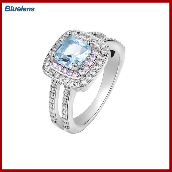 Bluelans®พลอยเทียมฝังรูปทรงสี่เหลี่ยมเครื่องประดับสำหรับงานเลี้ยงของขวัญแต่งงานแหวนเจ้าหญิงสัญญา