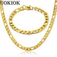 【Transparent thinking】7MM Mens Boys Figaro Link Bracelet Amp; Chain Set Gold Color Stainless Steel Hip Hop Necklace Chain Jewelry Sets Dropshipping ซื้อทันทีเพิ่มลงในรถเข็น