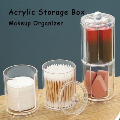 Acrylic Storage Box Bathroom Jar Makeup Organizer Cotton Round Pad Holder Cotton Swab Box Qtip Holder Dispenser with Bamboo Lid