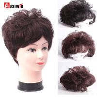 AOSIWIG Synthetic Short Curly Black Brown Wig Top Toupee Clip In Hair Extension Replacement System Closure Hairpiece Bangs Women Wig  Hair Extensions