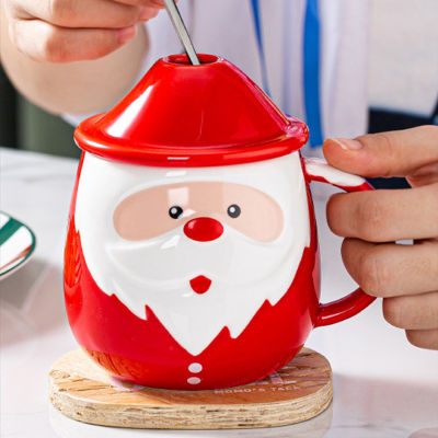 [Easybuy88] แก้วกาแฟถ้วยน้ำช้อนของขวัญปาร์ตี้พร้อมฝาเซรามิกซานตาคลอสภาชนะเครื่องดื่มความจุมาก