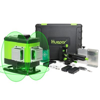 Huepar 3D เลเซอร์ปรับระดับเองได้12เส้นสีเขียว3X360 360 ° สายแนวตั้งและแนวนอนพร้อมรีโมทคอนโทรลและกระเป๋าเคสแข็ง