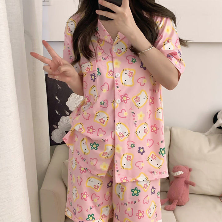 Sanrio Hello Pajamas Set Sanrio Women Summer Short Sleeve Two-piece Pj Sets  KT Cat Sleepwear Loungewear Button-Down