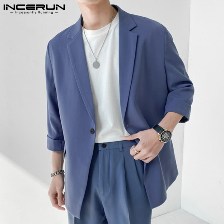 hnf531-สไตล์เกาหลี-incerun-mens-เสื้อเบลเซอร์คาโก้3-4แขนยาวกระดุมแถวเดียวสำนักงานธุรกิจเสื้อแฟชั่น