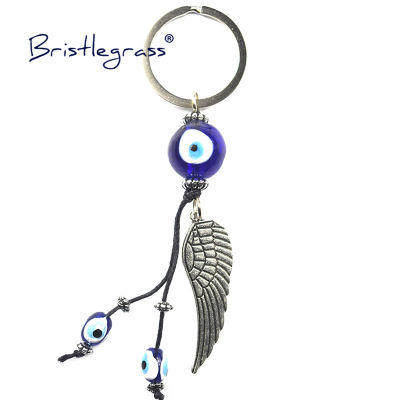 BRISTLEGRASS Turkish Blue Evil Eye Feather Wing Key Chains Ring Holder Car Keychain Amulet Lucky Charm Pendants Blessing Protect