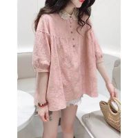 [COD] top version loose sweet lace collar stitching embroidery solid linen doll female short sleeve