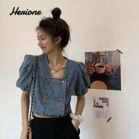 HERIONE เสื้อเดนิมวินเทจฝรั่งเศสเกาหลีพร้อม501b041แขนยาวพอง