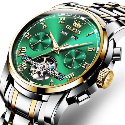 ⌚OLEVS นาฬิกาบุรุษนาฬิกาแบรนด์ชั้นนำผู้ชาย Tourbillon อัตโนมัตินาฬิกาเปลือยสำหรับผู้ชายปฏิทิน Relogio Masculino