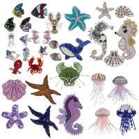 Bead Jellyfish Whale Fish Sea Shell Sea Horse Lobster Crab Patches for Clothing DIY Sew on Rhinestone Sequin Handmade Embroidery Sewing Machine Parts