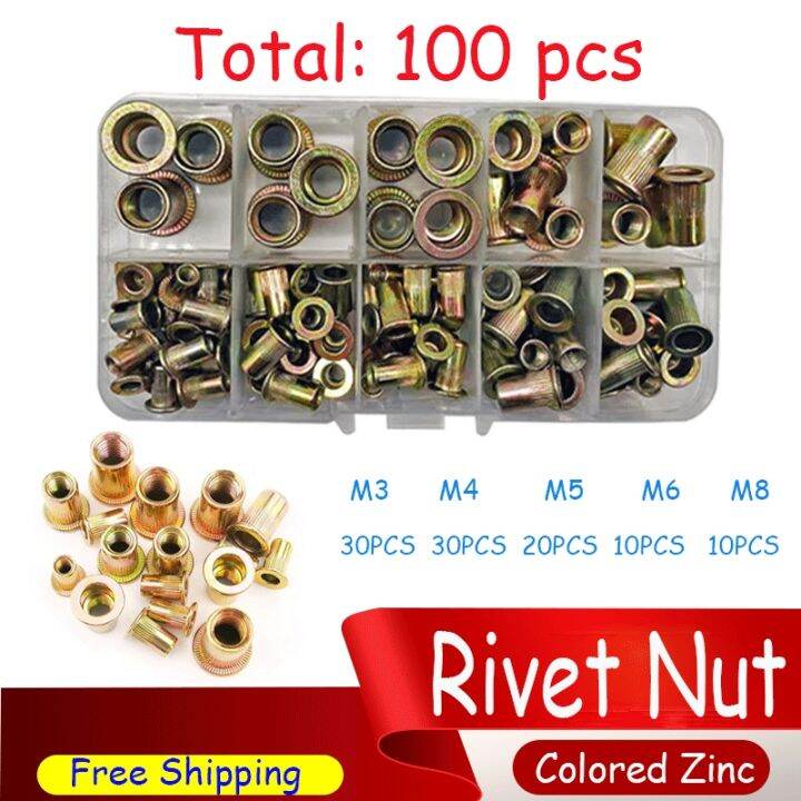 1-200-pcs-m3-m4-m5-m6-m8-m10-m12-rivet-nut-flat-head-threaded-rivet-insert-nutsert-carbon-steel-color-zine-knurled-nuts-rivnut