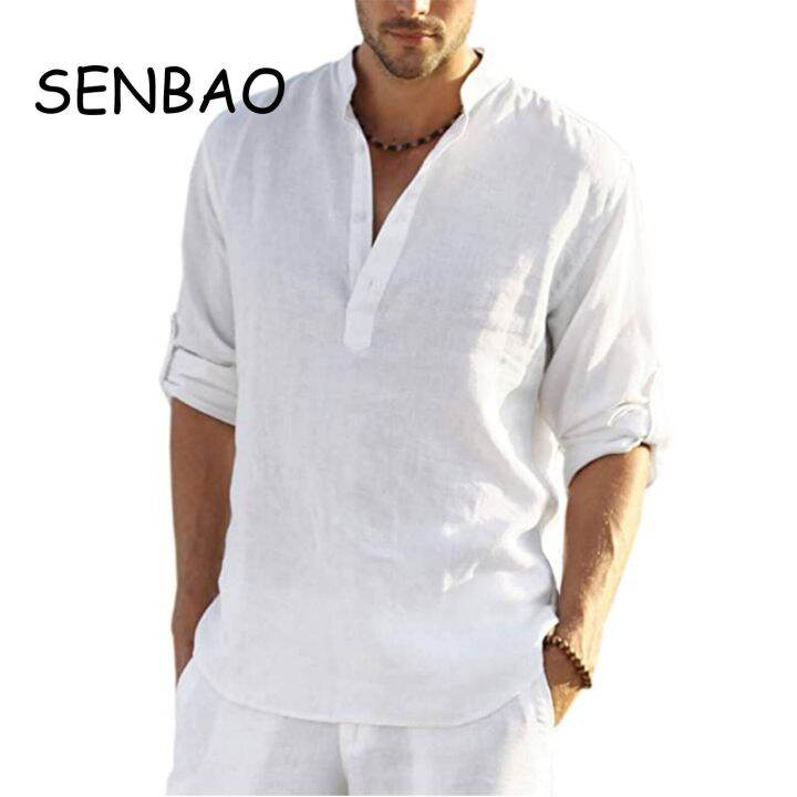 2023-senbao-เสื้อฝ้ายลินินลำลองสำหรับผู้ชายเสื้อแขนยาวเสื้อยืดผู้หญิงเสื้อยืดเสื้อฤดูใบไม้ผลิฤดูใบไม้ร่วงผู้ชายเสื้อเชิ้ตหล่อแบบลำลอง