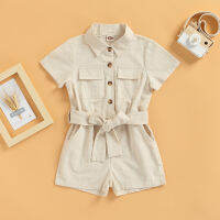 【Forever CY Baby】Kids Girls Casual Romper, Solid Color Short Sleeve Button-Down Lapel Bodysuit With Belt