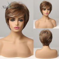 ALAN EATON Pixie Cut Short Straight Synthetic Hair Wigs for Black Women Afro Puffy Natural Brown Blonde Highlight Wig with Bangs