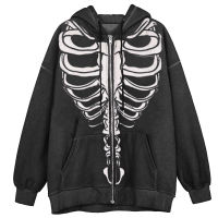 เสื้อกันหนาว ผญ Womens Skeleton Zip Up Hoodies Rhinestone Graphic Oversized Pullovers Sweatshirt Goth Jacket With Pockets