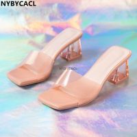 Crystal Clear Transparent Heel Slippers Female Shoes Middle Heels Comfortable New Summer Women Fashion Mules Slides Plus Size 41