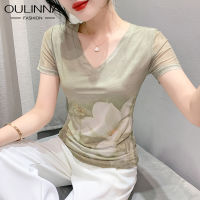 OULINNA เสื้อยืดแฟชั่นสไตล์ตะวันตกทรงเข้ารูปแขนสั้นพิมพ์ลายดอกไม้ฤดูร้อนแฟชั่น2023สินค้ายุโรปเข้ารูปพอดี