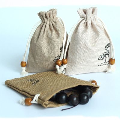 Chinese Style Lotus Linen Jute Fabric Gift Storage Bag Drawstring Pouch Package Jewelry Candy Tea Sundries Bags Travel Organizer